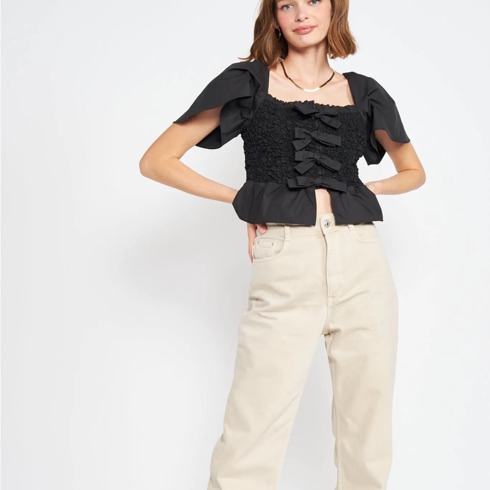 (AA4)‎ En Saison Matisse Bow-Front Peplum Blouse, Black, Size Medium, NWT